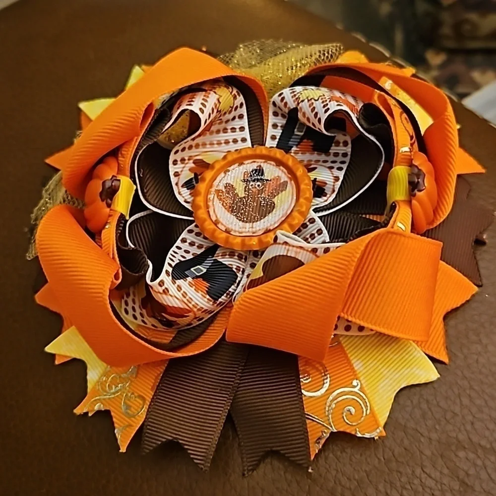 Large Turkey Thanksgiving Fall Round Ribbon Hair Bow
